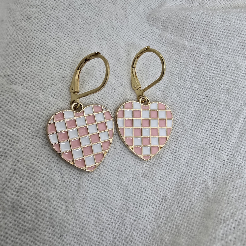 Gold-Tone Pink & White Checkerboard Heart Drop Earrings